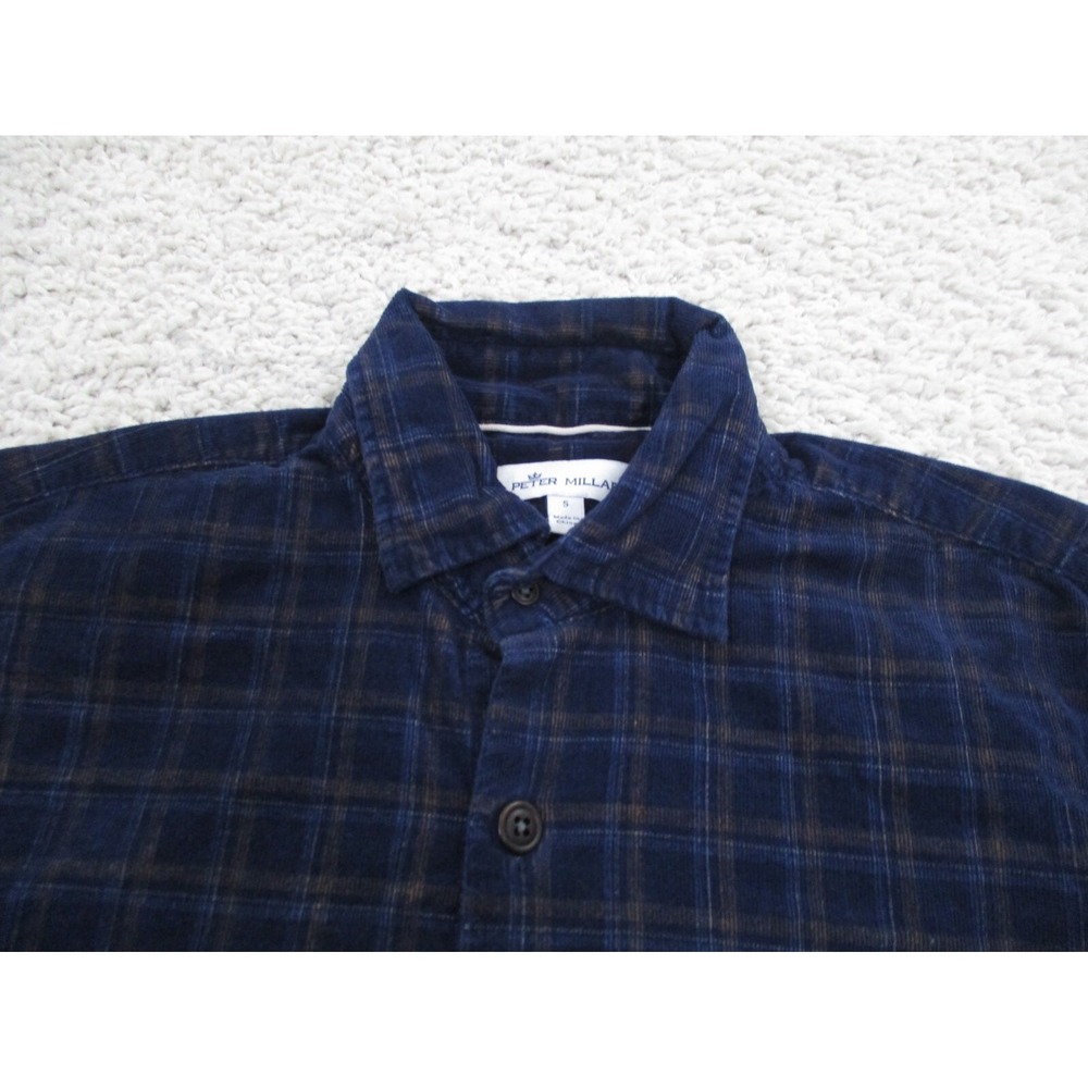 Peter Millar Shirt Mens Small Blue Long Sleeve Button Preppy Corduroy Plaid A2